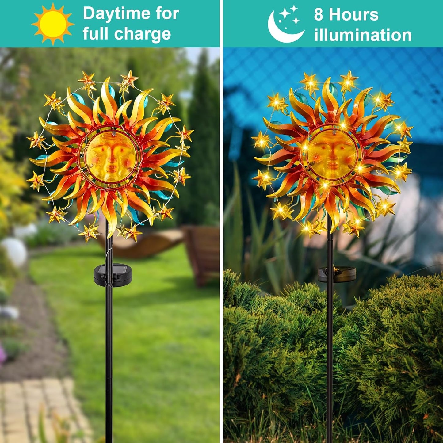 Solar Wind Spinners for Yard Garden - 60.3 Inch 360° Metal Sun Wind Sculptures Outdoor Clearance Kinetic Windmills with Vine String Shining LED Lights for Patio, Lawn Xmas Garden Decoration