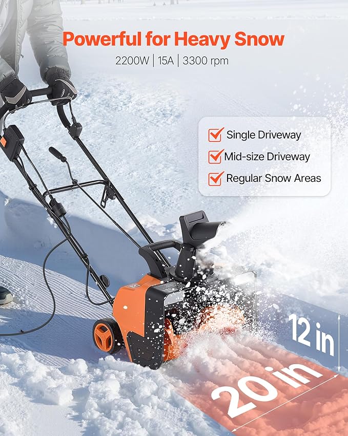 VEVOR Electric Snow Blower, 20 inch 15A Corded Snow Thrower with Dual LED Headlights & 180° Rotating Chute, 25FT Throwing Distance, 12" Depth Clearing, Walk-Behind Snowblower for Driveway Sidewalk