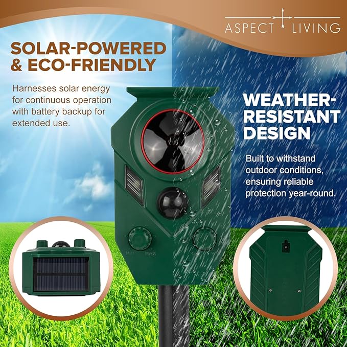 4 Pack Solar Ultrasonic Animal Repeller Outdoor – Motion Sensor Activated Deer Repellent with Flashing Lights & Sound, IP65 Waterproof, Deterrent for Cats, Dogs, Raccoons, Skunks, Birds