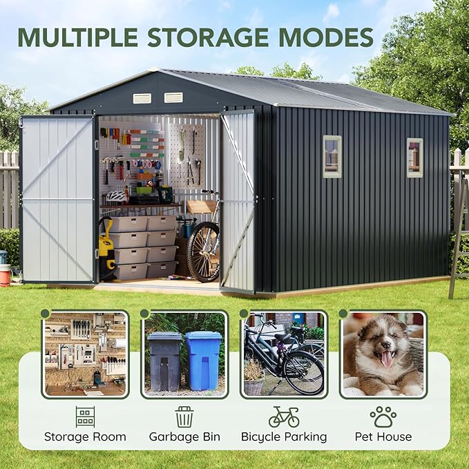 10x12 FT Outdoor Metal Storage Shed with Floor Frame, Double Swing Doors, 2 Clear Windows, Replaceable Skylight Roof Panel, Tool Shed for Garden, Patio, Backyard