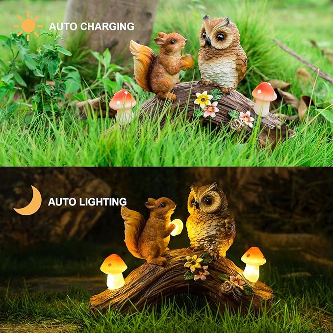 Solar Owl Garden Statues Outdoor Decor Resin Owl Squirrel Figurine with Mushroom Lights for Patio Lawn Yard Decorations Halloween Christmas Housewarming Gardening Gifts for Women Mom