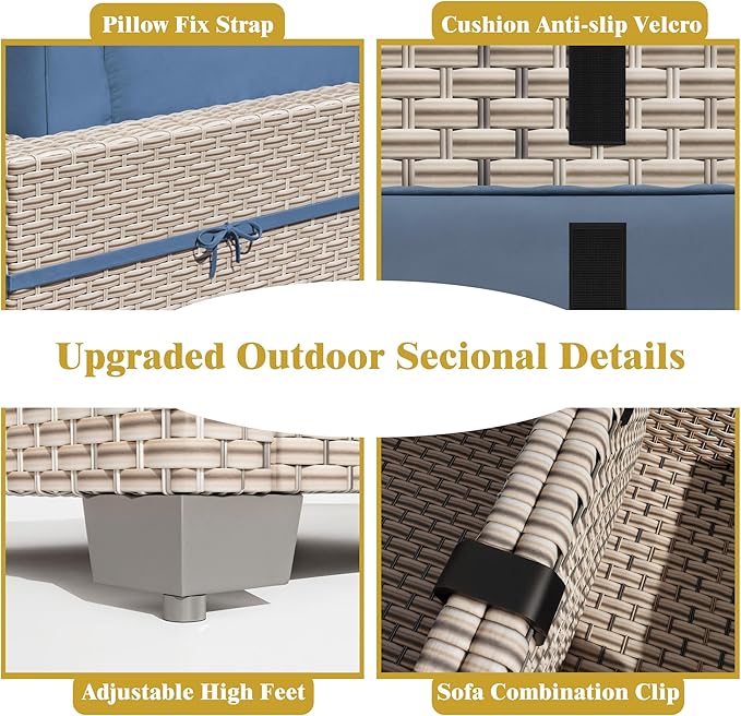 11 Pieces Patio Furniture Set, Outdoor Sectional Wicker Sofa with Thick Cushions and Storage Coffee Table, Rattan Patio Conversation Sets for Deck Garden Poolside, Navy