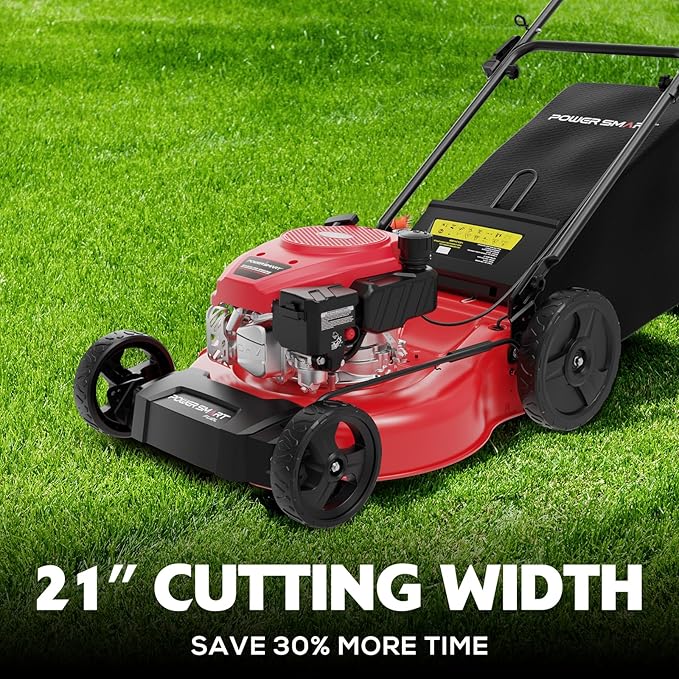 PowerSmart Gas Push Lawn Mower 21-inch 144cc 4-Stroke Engine with Easy Adjustable Cutting Height, High Wheels, 2-in-1 with Mulching, Rear Bagger