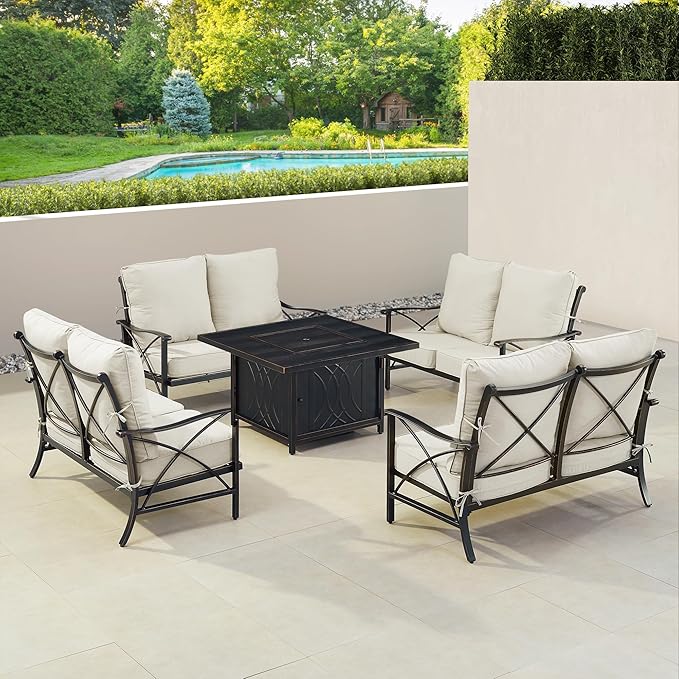 Oakland Living AHRI-4LS-CAVE-LGCU-AC Black Aluminum Patio Fire Table Set with Four Deep Seating Loveseat with Cushions, Antique Copper