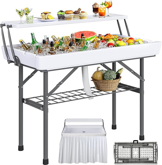 YITAHOME Two-Tier Ice Table, 4FT Folding Ice Cooler Table with Drain and Detachable Skirt, Portable Ice Table for Parties, Picnics, Camping, Weddings, BBQs
