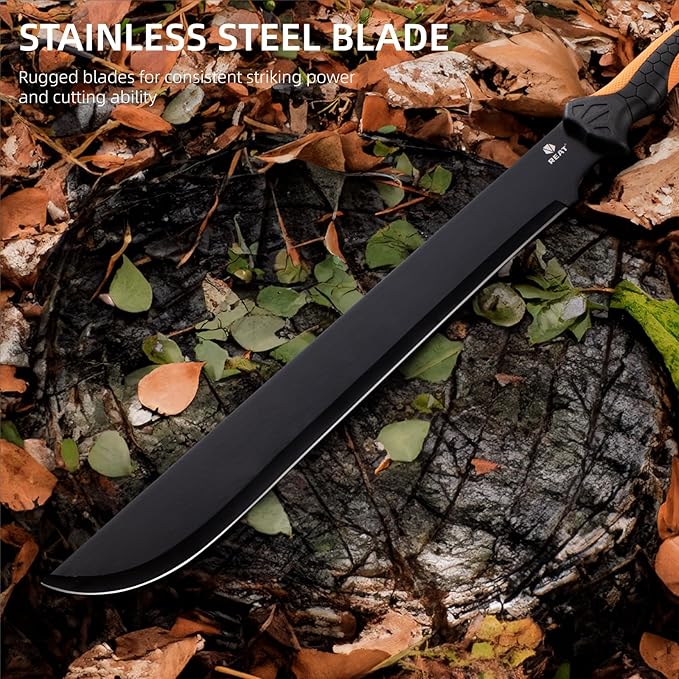 REAT Gardening Heavy Duty Machete,24" Full Tang Machete with Shaeth,Ergonomic No-Slip Handle,Machetes for Bushcraft, Outdoor Hunting, Garden Cutting Trees and Yard Work (Orange)