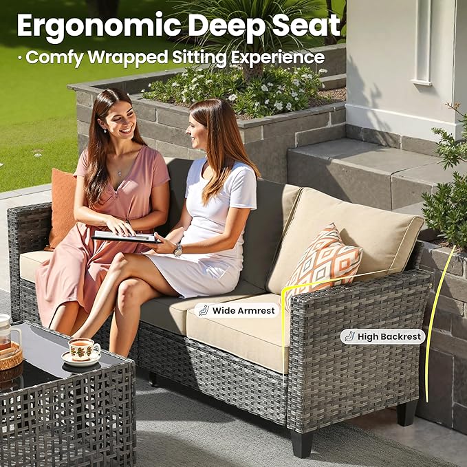 ovios 8 Pieces Patio Furniture Set with Swivel Chairs Rocking Gliders, Outdoor Sofa Couch with Solar Lights Table Comfy Cushions, Modern Deep Seat Wicker Rattan Conversation Set, Beige