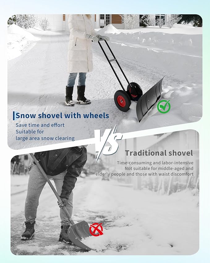 Large 40" W X 18" H Snow Shovel Pusher for Driveway, Metal Snow Pusher with Wheels, Ergonomic Snow Pusher Shovel with Snow Removal Adjustable Angle & Height Handle for Driveway, Double Rod