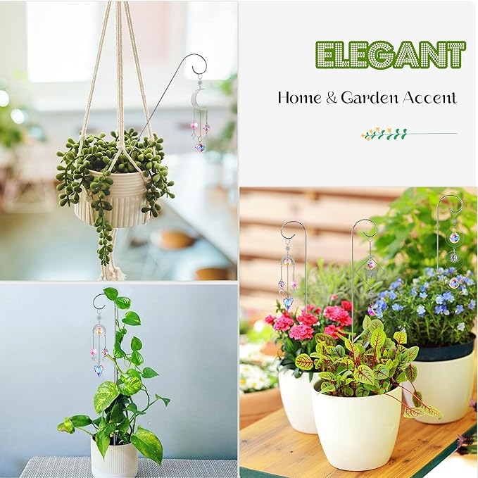 HDCRYSTALGIFTS 4 Pack Crystal Sun Catchers with Small Trellis for Potted Plants Indoor Plant Stake Suncatcher Decoration for Home Window Garden, Sliver