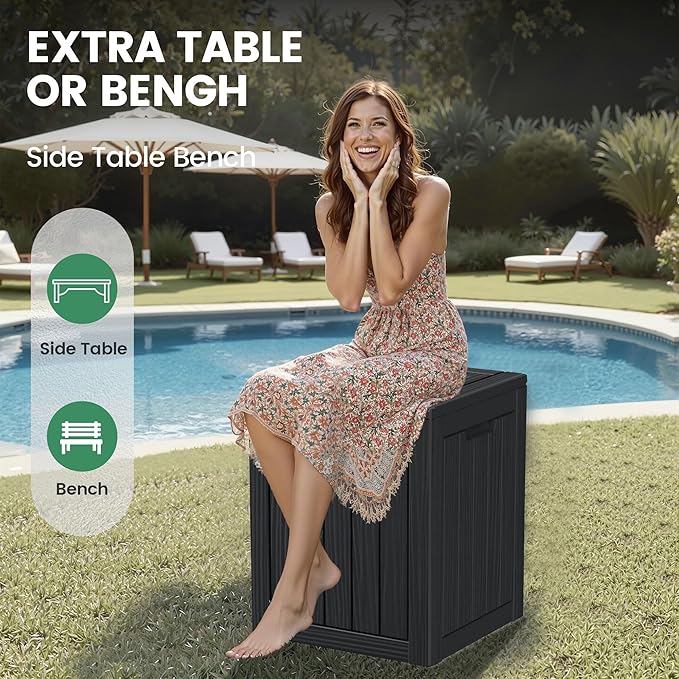 28 Gallon Outdoor Storage Box, Waterproof Durable Resin Deck Box for Indoor & Outdoor Use, Lockable Outdoor Bench, Deck Bin for Patio Furniture, Deliveries, Pool Supplies, Black