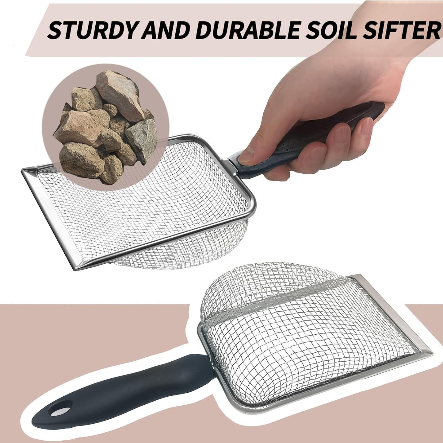 2 PCS 2-in-1 Gardening Soil Sifter Set with 2/2.8mm Mesh, Garden Sieve & Shovel Sifter Screen Potting Scoop for Sand, Dirt, Rock Compost, Stainless Steel & Ergonomic Handle
