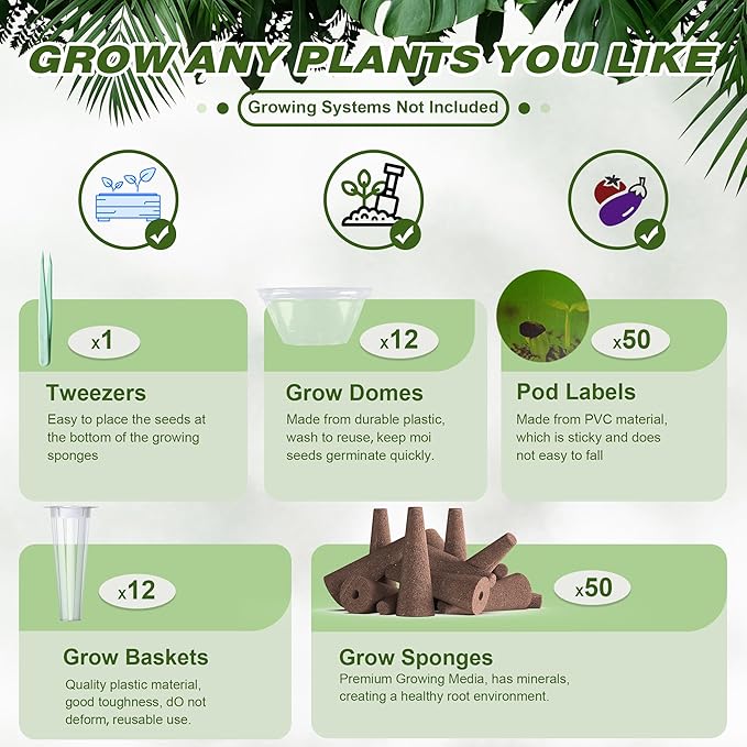 125 PCS Hydroponic Pods for Aerogarden, Grow Anything Seed Pod Kit with 50 Grow Sponges, 50 Labels 12 Grow Baskets, 12 Grow Domes and 1 Tweezers - Compatible with Hydroponics Growing System Kit