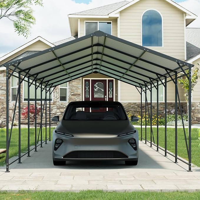 Carport, Heavy Duty Carport with Galvanized Steel Roof and Frame, Metal Large Garage with 4 Fixed Inclined Square Tube Supports (12 * 32 FT)