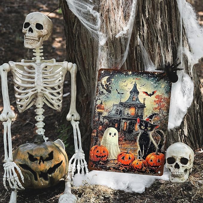 Halloween Black Cat Vintage Sign Funny Ghost Pumpkin Metal Tin Sign Halloween Bat Decor for Home Bar Kitchen Hotel Dining Room Coffee 12x16inch