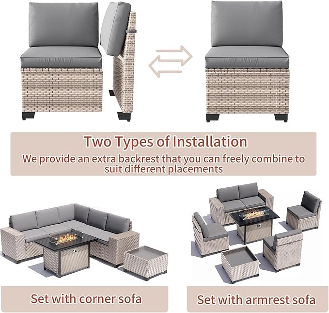 7 Pieces Patio Furniture Set with Fire Pit Table, Outdoor Sectional Wicker Sofa with Thickened Cushions and Coffee Table, High Back Rattan Patio Conversation Sets, Grey