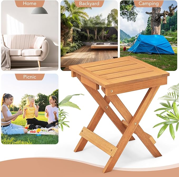 Tangkula Outdoor Folding Side Table, Wood Patio Bistro Table with Slatted Tabletop & X-Shaped Legs, Portable Square Coffee Table for Garden, Poolside, Camping, Picnic, 14" x 14" x 18" (1, 14 inches)