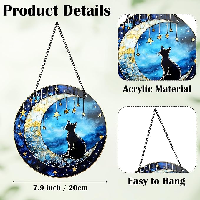 Black Cat Sun Catcher - Black Cat Bending Moon Acrylic Suncatcher Rainbow Maker Stained Acrylic Window Hanging Ornament Indoor Outdoor Decoration Home Garden Decor Chain Pendant Memorial