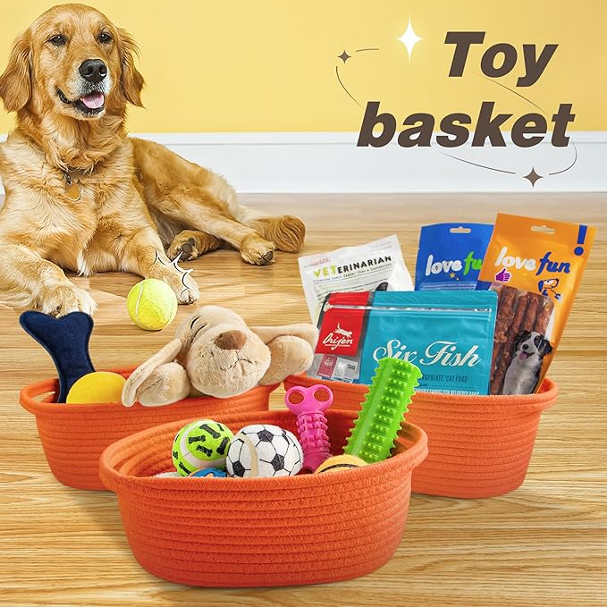 Pro Goleem Small Woven Basket with Gift Bags and Ribbons Durable Baskets for Gifts Empty Small Rope Basket for Storage 12"X 8" X 5" Baby Toy Basket with Handles, Orange