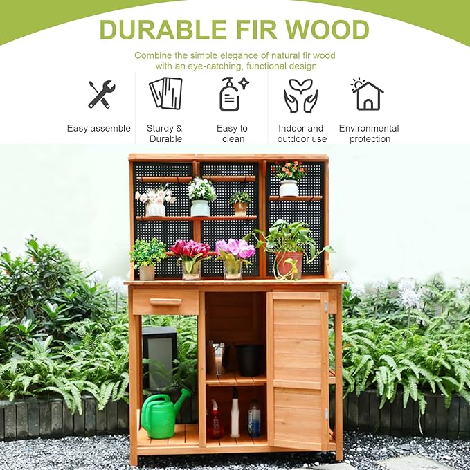 Outdoor Garden Potting Bench, Horticultural Wooden Workstation Table with Storage Drawer, Cabinet, Metal Pegboard, Adjustable Hooks and Shelves for Backyard, Patio, Greenhouse