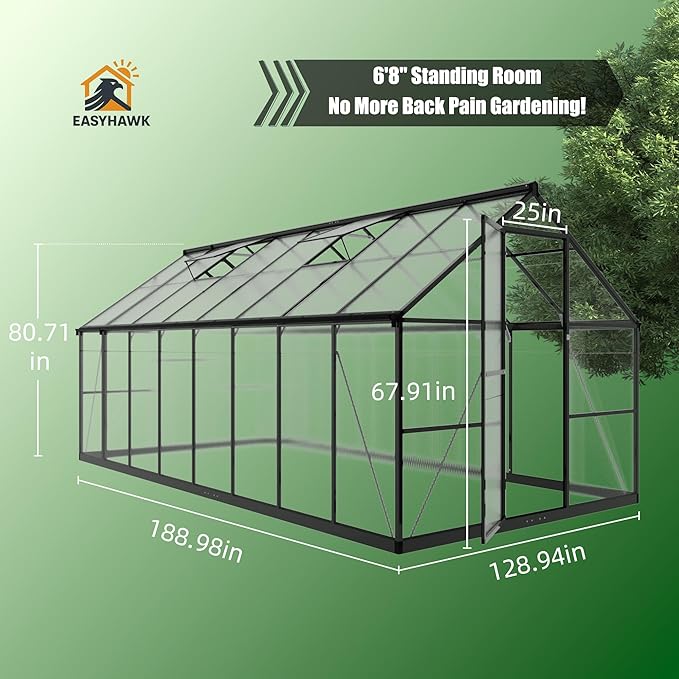 8x16 FT Greenhouse for Outdoors, Polycarbonate Green House with Quick Setup Structure and Roof Vent, Aluminum Large Walk-in Greenhouse for Outside Garden Backyard, Black
