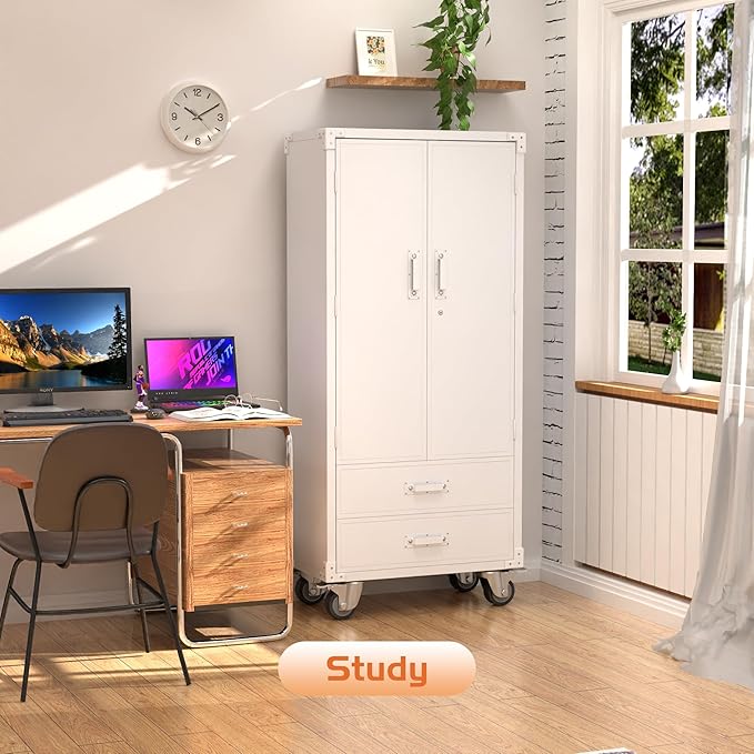 Metal Garage Storage Cabinet with 2 Drawers, Rolling Storage Cabinet with 2 Lockable Doors for Garage Home Office,Required Assembly,White
