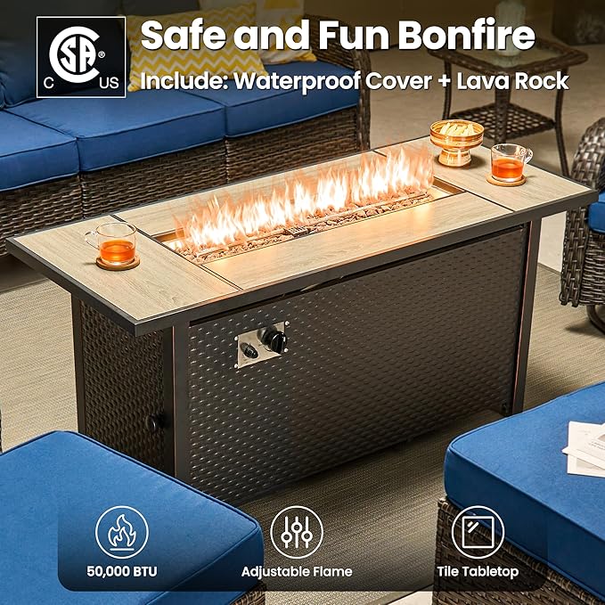 ovios 7 Pieces Patio Furniture Set, Outdoor Wicker Sofa Couch with Swivel Chairs 54" Fire Pit Table, All Weather High Back Modern Conversation Sets, Brown Rattan, Navy Blue