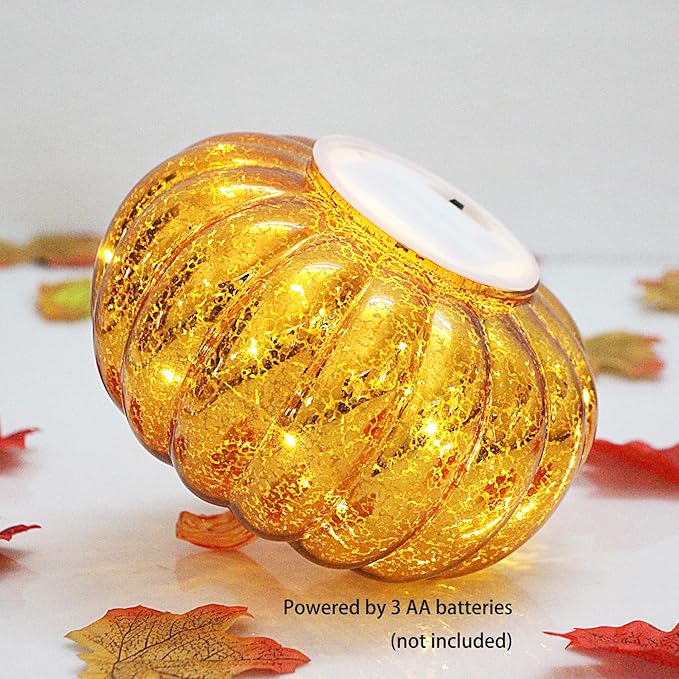Mercury Glass Pumpkin Lights with Timer, Battery Operated Led Pumpkin Lights for Halloween Fall,Thanksgiving Rustic Decor (Gold Common, 6")