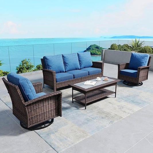 Patio Furniture Set with Swivel Chairs, High Back Wicker Rattan Furniture with 5.5" Thick Cushions and Coffee Table, Outdoor Conversation Set for Backyard Deck,5 Seats, Blue