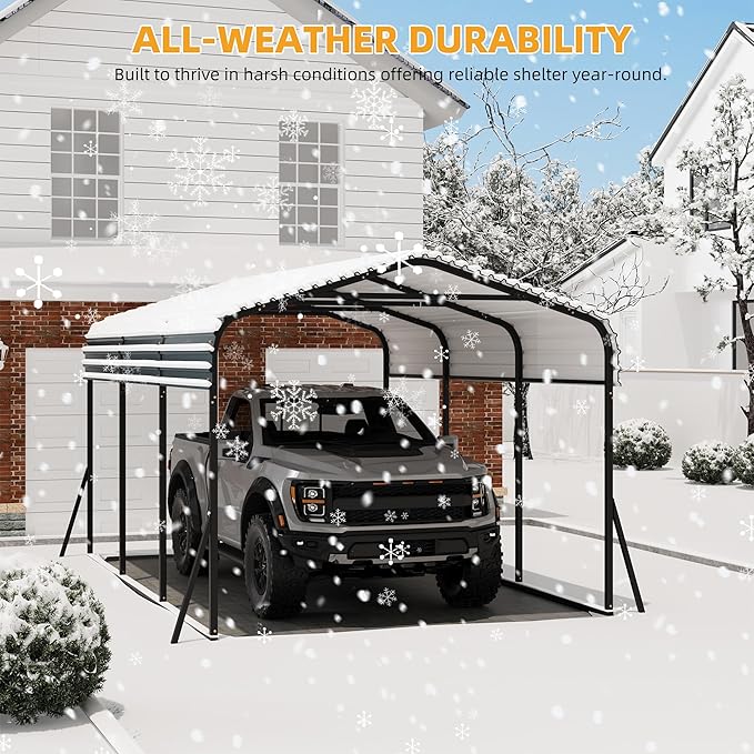 10' x 15' Heavy Duty Metal Carport with Galvanized Steel Roof, Tall Metal Carport Kits Garage for Tractors, Trucks, Boats, Cars, Heavy Duty Metal Roof Carport with Enhanced Base