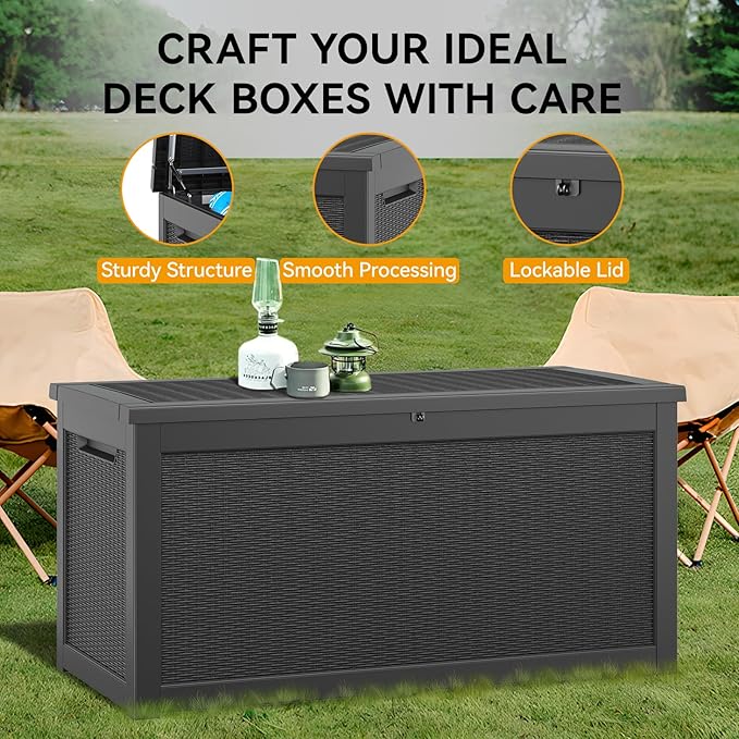 KAMABOKO 260 Gallon Outdoor Storage Box, Resin Deck Boxes Indoor and outdoor, Waterproof Storage Box Lockable Lid for Garden Tools, Package Delivery, Patio Cushions, Black
