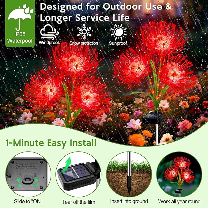 Solar Christmas Outdoor Lights Red Spider Lily – 8 Pack 24-Head Waterproof Garden Flower with Glowing Stems,Decorative Solar Powered Yard,Patio & Lawn Decor,Holiday & Gardening Gifts for Women Grandma