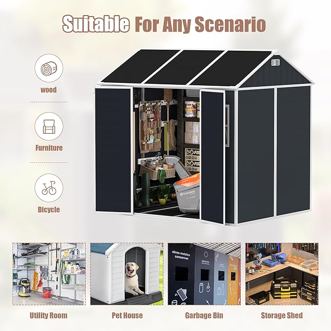 Resin Storage Shed 8x7ft, Large Tool Shed with Floor, Two-Window, Lockable Doors and Vents, 12mm Thick pp Board, Outdoor Storage Sheds for Patio, Garden, Backyard, Lawn (Dark Gray, 8 * 7ft)