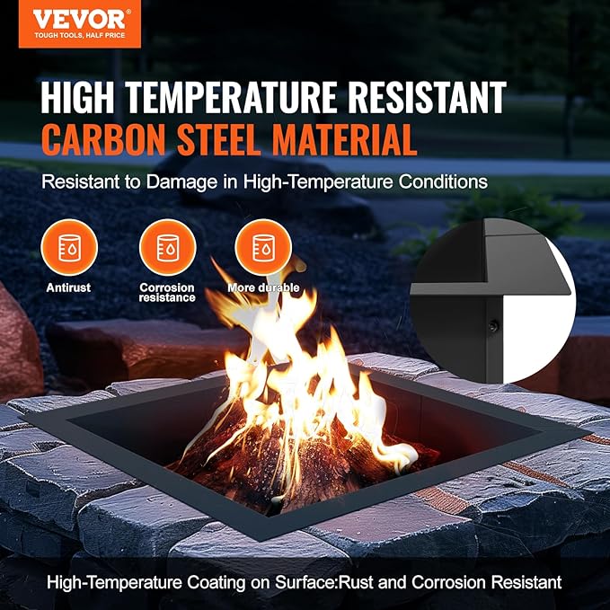 VEVOR Fire Pit Ring, 36x36 in Outer/30x30 in Inner Diameter, 10inch Height Square Fire Pit Insert, Heavy Duty Carbon Steel Liner DIY Campfire Ring Above or In-Ground, for Outdoor Camping, Bonfires