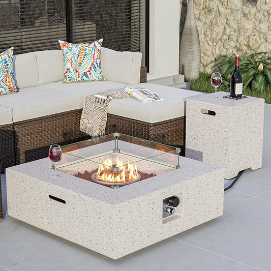 COSIEST 35-inch Square Outdoor Sandstone Propane Fire Pit w Wind Guard and Side Table, CSA Certified, 50,000 BTU Stainless Steel Burner, Free Lava Rocks and Rain Cover, Metal Lid(Beige)