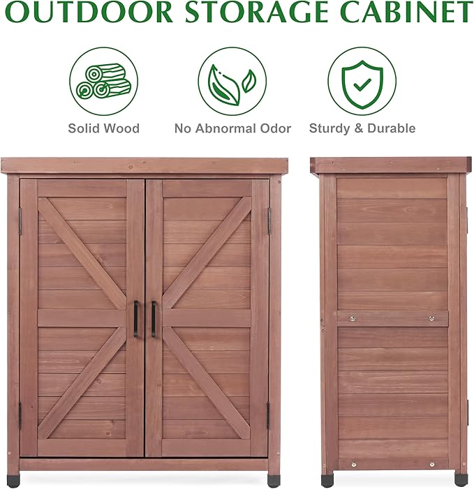 Outdoor Storage Cabinet & Potting Bench Table with Metal Top, Wooden Patio Furniture, Garden Workstation (Royal Brown, 36x31x17in)