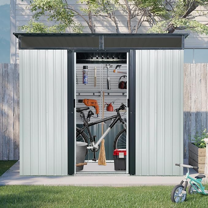 8x6 FT Outdoor Metal Storage Shed with Window, Lockable Sliding Doors and Transparent Plate - Patio Shed for Backyard, Garden, Lawn (White and Black)