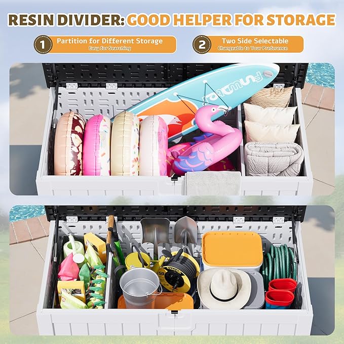 Flamaker Resin Deck Box 250 Gallon, Waterproof Imitation-Wood Lockable Storage Box with Separator Plate Outdoor Indoor, Garden, Patio Furniture for Tools&Pool Accessories (White with Black Cover)