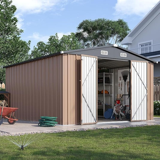 12x10FT Outdoor Storage Shed, Metal Garden Shed with Lockable Double Doors & Sloping Roof, Weather-Resistant Tool Shed for Backyard, Patio, Poolside Brown