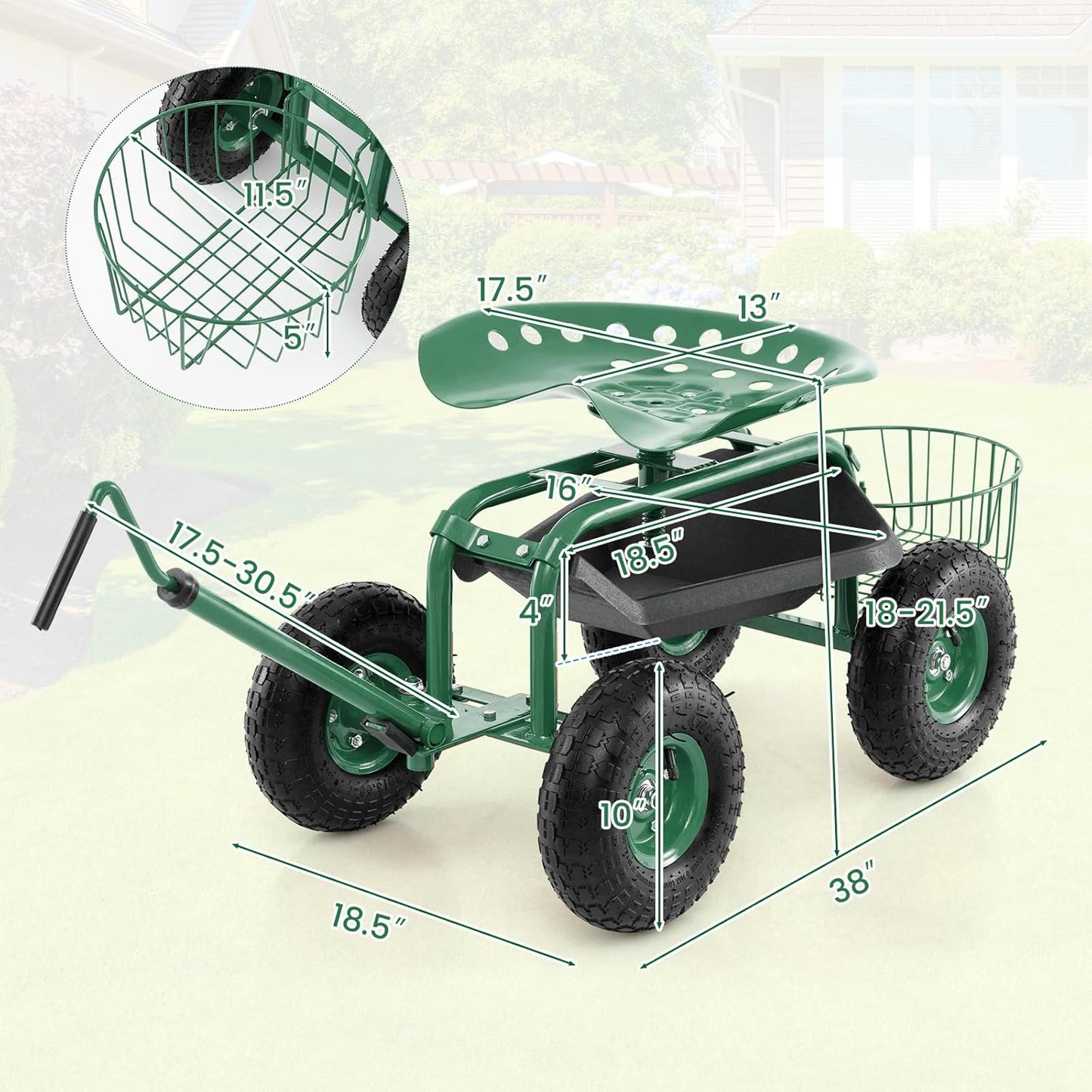 Rolling Garden Seat, Garden Stool with Wheels, Extendable Handle, Storage Basket & Tool Tray, Garden Scooter with 360 Degree Swivel Seat for Outdoor & Yard (Green)