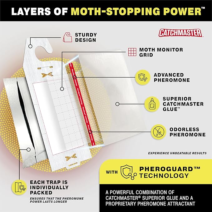 Catchmaster Premium Clothes Moth Traps, Hardwood Patterned Sticky Odorless Glue Traps 6PK, Pheromone Attractant, for Closets Wardrobes Cabinet Drawers & Carpet, PheroGuard Technology, Trap Moths