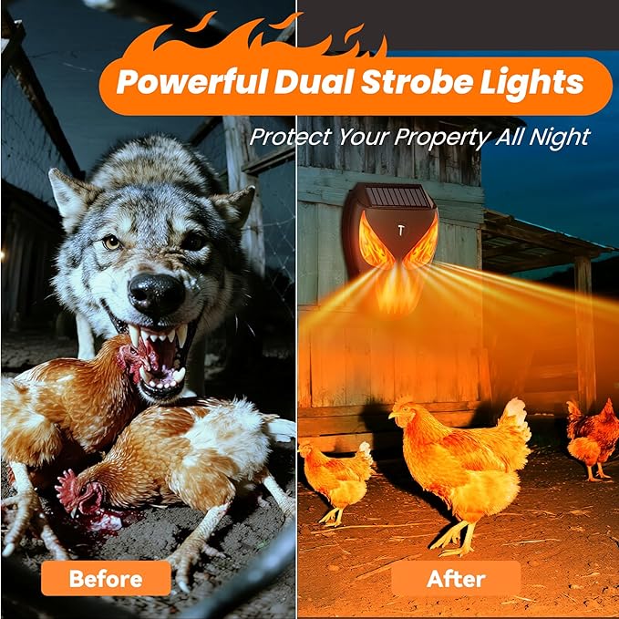 2 Pack Solar Nocturnal Animal Repeller with LED Flashing Lights, Effective Repels Deer, Coyote, Raccoon, Skunk, Fox & Hawk, Flame Predator Light for Chicken Coop, Farm, Yard & Garden