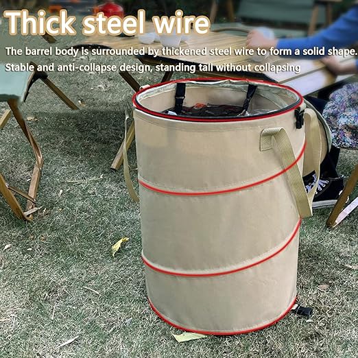 Pop up Camping Trash can with lid,Collapsible 24 Gallons Trash can with Sorting Clips,Garden Garbage Bag with Lid,Lawn and Leaf Bags - Reusable Yard Waste Bags (Beige Coffee)