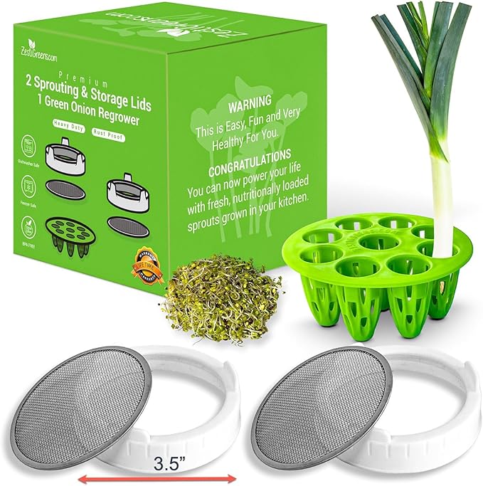 Sprouting Lids & Green Onion Regrower for Wide Mouth Mason Jars. Sprouts Growing Kit for Bean Sprouts, Broccoli Organic Sprouts