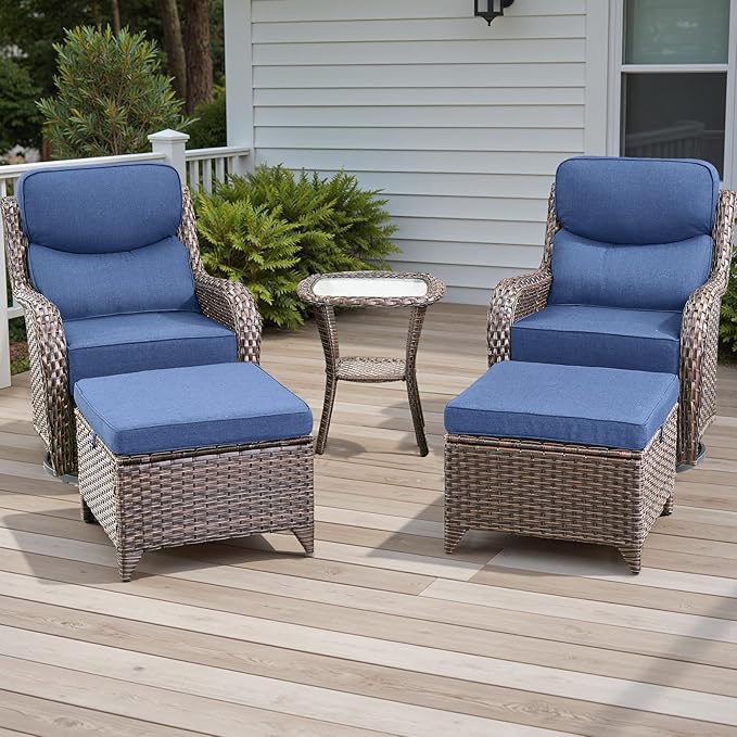 Wicker Outdoor Patio Furniture Set - 5 Piece Patio Conversation Sets with Swivel Rocker Chairs, Ottomans and Side Table, 6 inch Cushions, Waterproof Wicker, for Porch Deck Brown/Blue