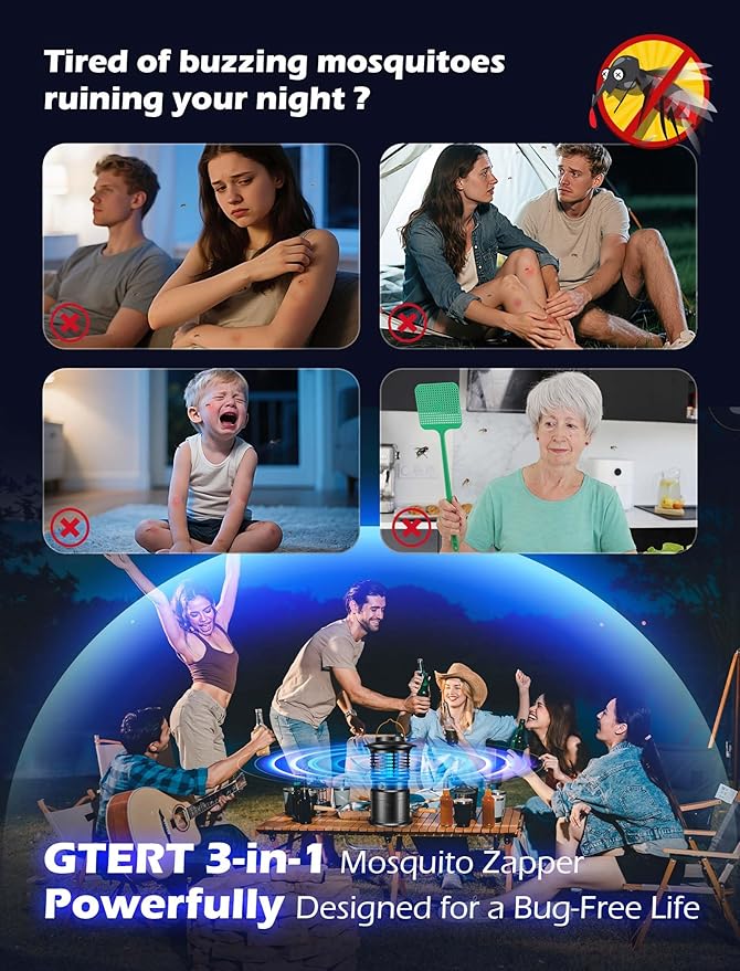 4-in-1 Mosquito Trap & Bug Zapper, Portable Rechargeable Fly Zappers with 10000mAh Battery, Bug Zapper Indoor with Silent Wind Suction, Auto On/Off Zapper Outdoor