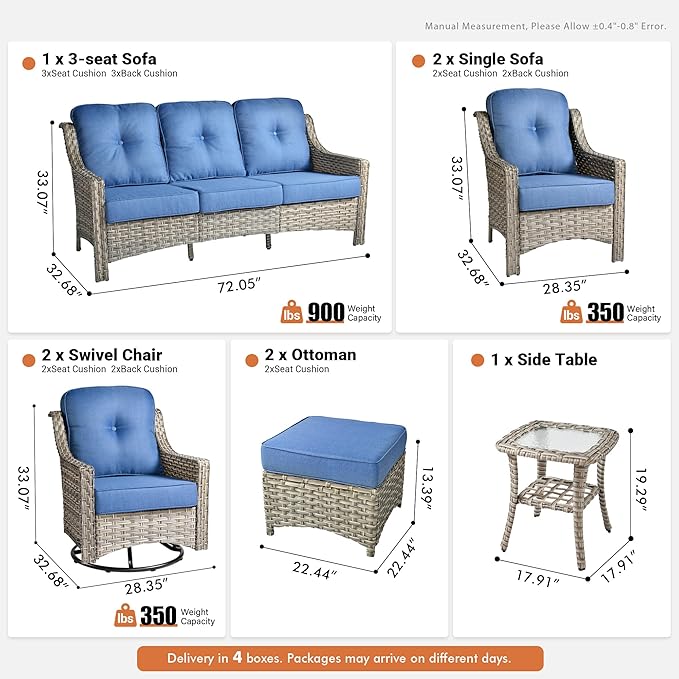 8 Pieces Patio Outdoor Furniture Set with Swivel Rocking Chairs,All Weather Wicker Rattan Patio Seating Sofa and Chair Set w/Ottoman,Outdoor Conversation Sets for Deck Yard Garden,Blue