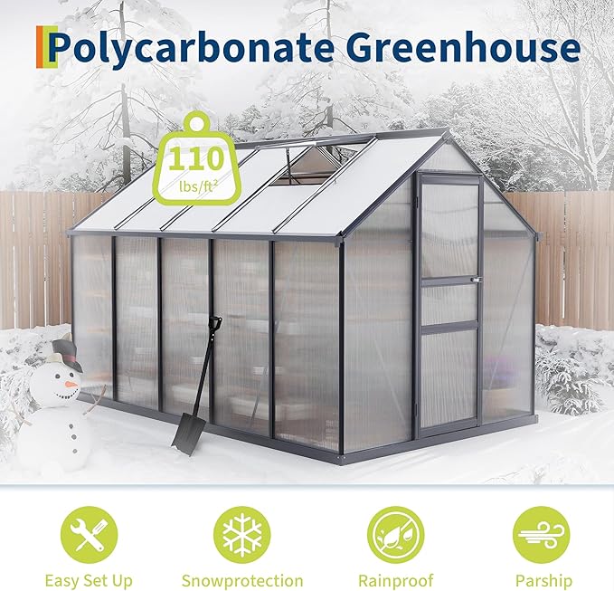 Greenhouses for Outdoors, Polycarbonate Greenhouse with Quick Setup Structure & Roof Vent, Heavy Duty Frame Walk-in Green Houses for Outside Garden Backyard