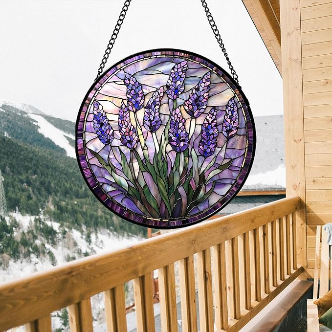 Stained Glass Window Hanging - Purple Flowers Suncatcher for Door Terrace Garden Home Decor Lavender Plant Floral Sun Catcher Birthday Gifts for Lovers Women Men Dad Mom Nana 11.8 in