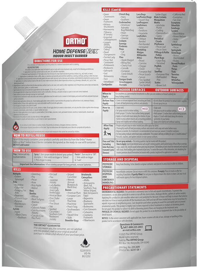 Ortho Home Defense Max Indoor Insect Barrier Refill Pouch for Battery-Powered Sprayer, Kills Ants, Roaches, Spiders, Fleas and Ticks, 1.5 L