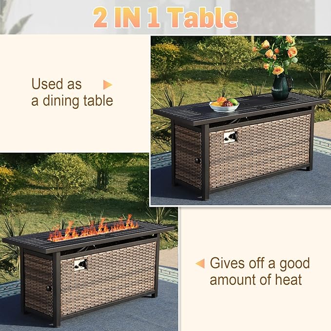 Sophia & William 56 Inch Gas Fire Pit Table Outdoor Rattan Propane Fire Table & Fireplace with Fire Glass, Lid, 50,000 BTU Firepits for Outside Patio